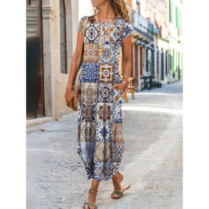 Slim Fit O-Neck Printed Bohemian Relaxed Linen  Maxi Dress