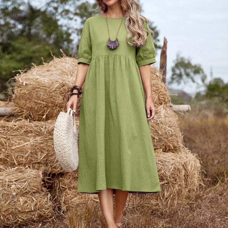 Fashion Solid Color Cotton Linen Loose O-Neck Casual  Maxi Dress