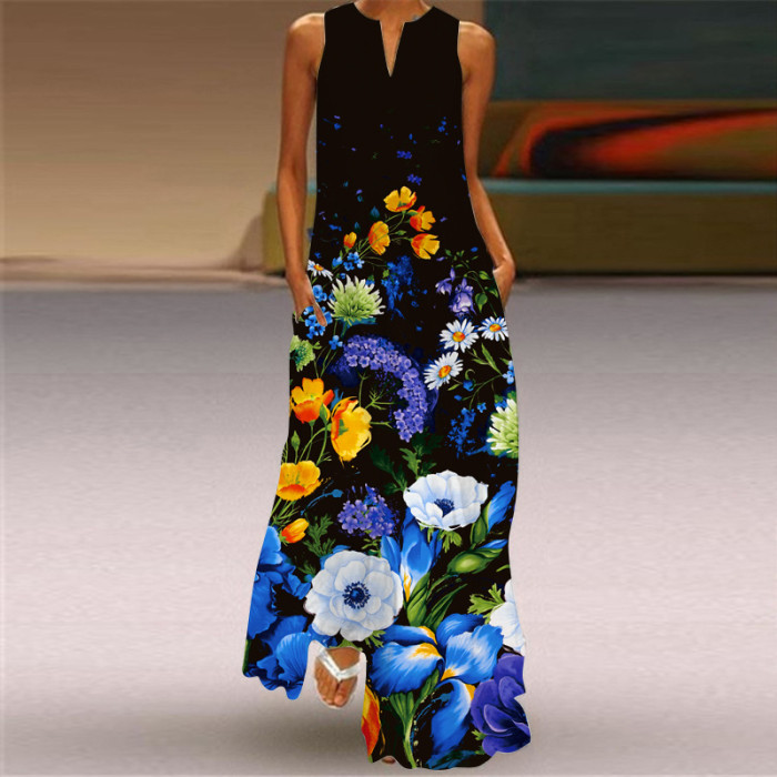 Ladies Casual Printed V Neck Holiday Beach Party Sleeveless A-Line Maxi Dress