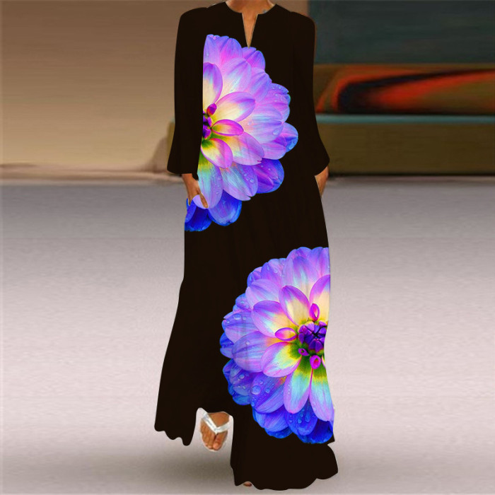 Vintage Print Fashion V Neck Long Sleeve Pocket Party Maxi Dress