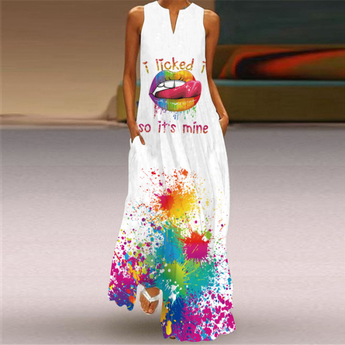 Fashion Long Printed Sleeveless Elegant V Neck Casual Wedding Guest Dresses