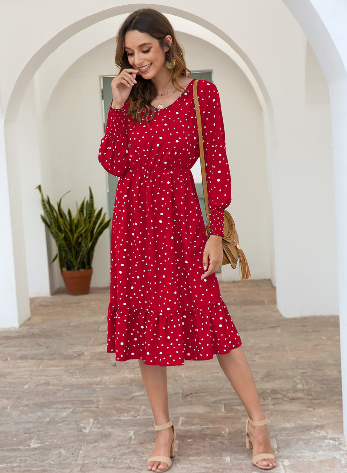 Polka Dot Print Casual V Neck Long Sleeve Fashion Bohemian Wedding Guest Dress