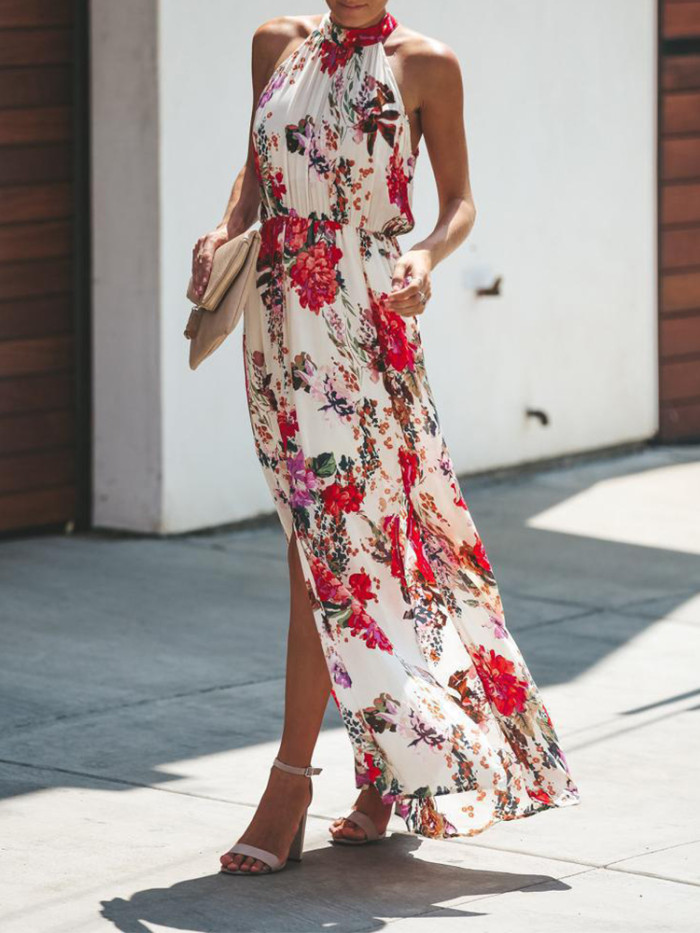 Vintage Print Loose Sexy Backless O-Neck Bohemian Fashion Elegant Wedding Guest Dresses