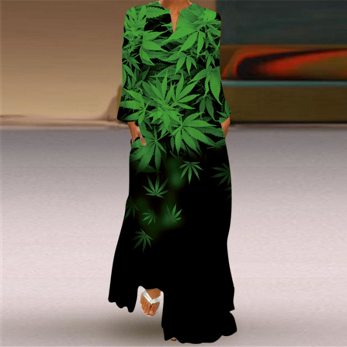 Vintage Print Fashion V Neck Long Sleeve Pocket Party Maxi Dress