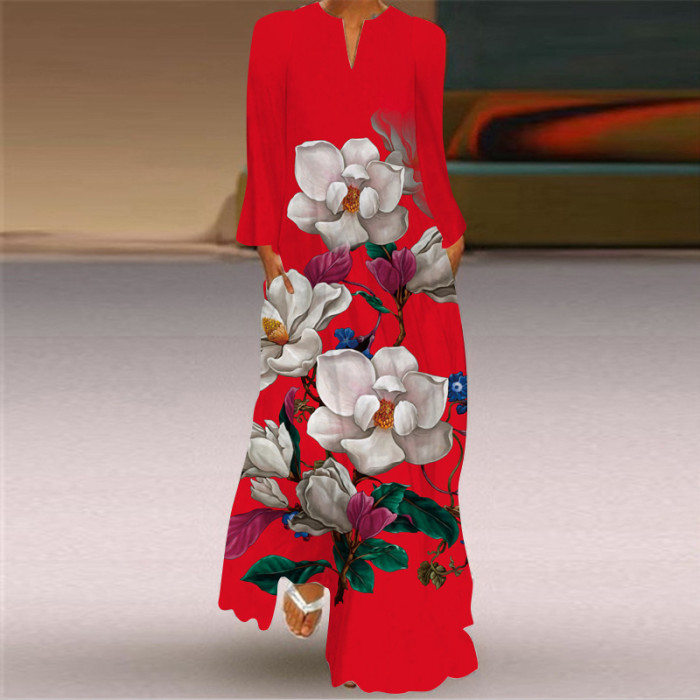 Vintage Print Fashion V Neck Long Sleeve Pocket Party Maxi Dress