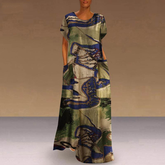Fashion Elegant O Neck Boho Party Casual Vintage Print Maxi Dress
