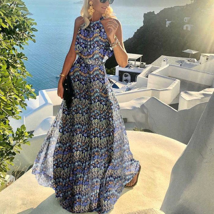 Vintage Print Loose Sexy Backless O-Neck Bohemian Fashion Elegant Wedding Guest Dresses