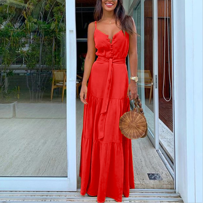 Fashion V Neck Button High Waist Casual Retro Holiday A-Line Party Wedding Guest Dresses