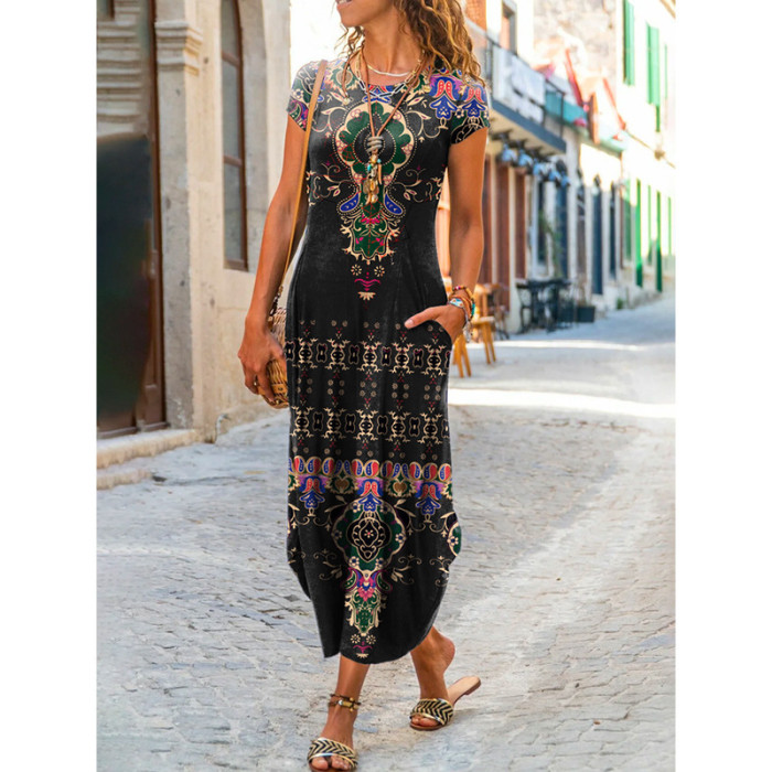 Slim Fit O-Neck Printed Bohemian Relaxed Linen  Maxi Dress