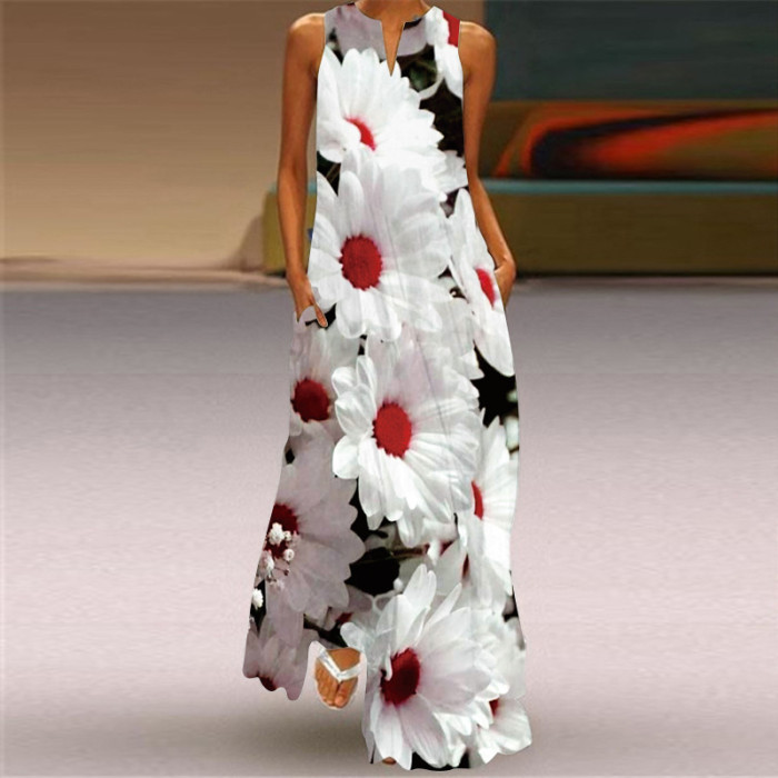Trendy Sleeveless Print Beach Elegant V Neck Boho Party Wedding Guest Dresses