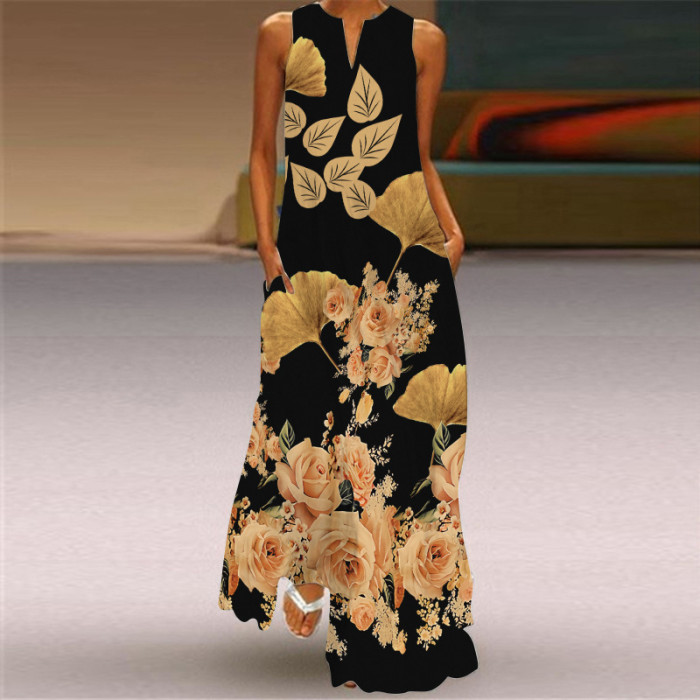 Fashion Long Printed Sleeveless Elegant V Neck Casual Wedding Guest Dresses