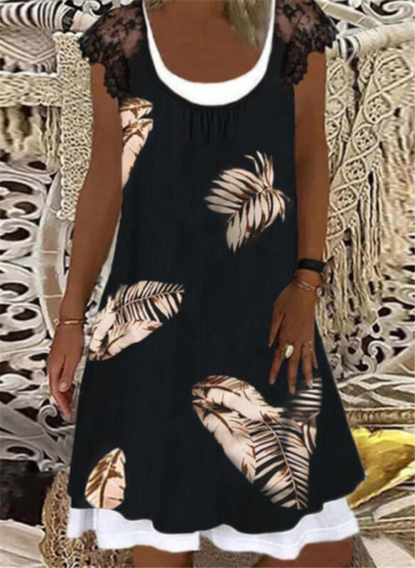 Fashion Sexy Lace Print Sleeveless O Neck Boho Casual Dress