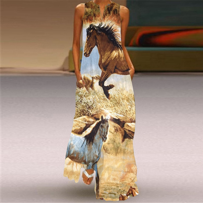 Trendy Sleeveless Print Beach Elegant V Neck Boho Party Wedding Guest Dresses