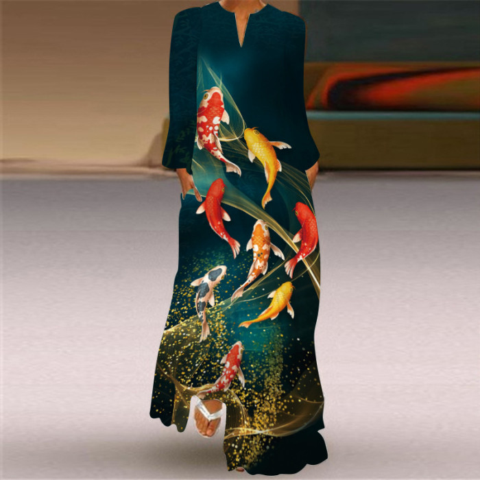 Vintage Print Fashion V Neck Long Sleeve Pocket Party Maxi Dress
