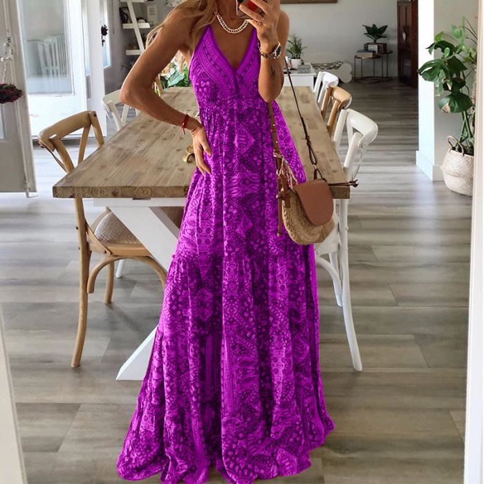 Sexy Women V Neck Party Vintage Print Boho Elegant Fashion Wedding Guest Dresses