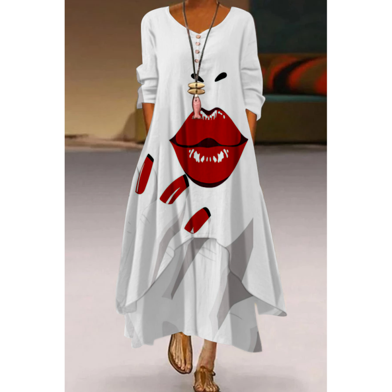 Vintage Art Print Ruffle Elegant Long Sleeve Fashion Loose V Neck  Wedding Guest Dresses