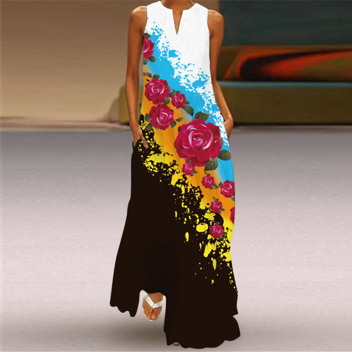 Fashion Long Printed Sleeveless Elegant V Neck Casual Wedding Guest Dresses