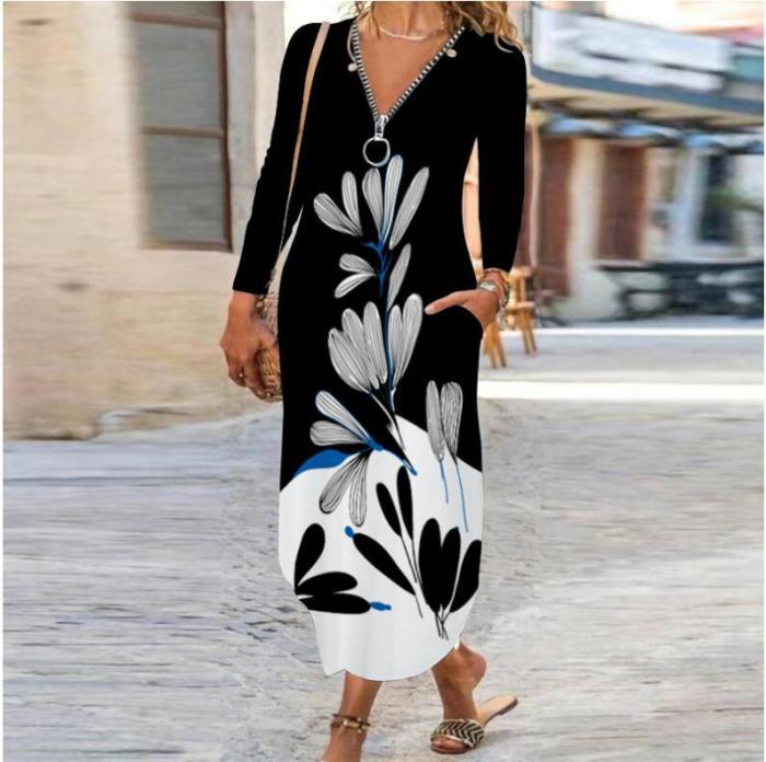 Sexy Boho Print Zipper Long Sleeve Loose Pocke Maxi Dress
