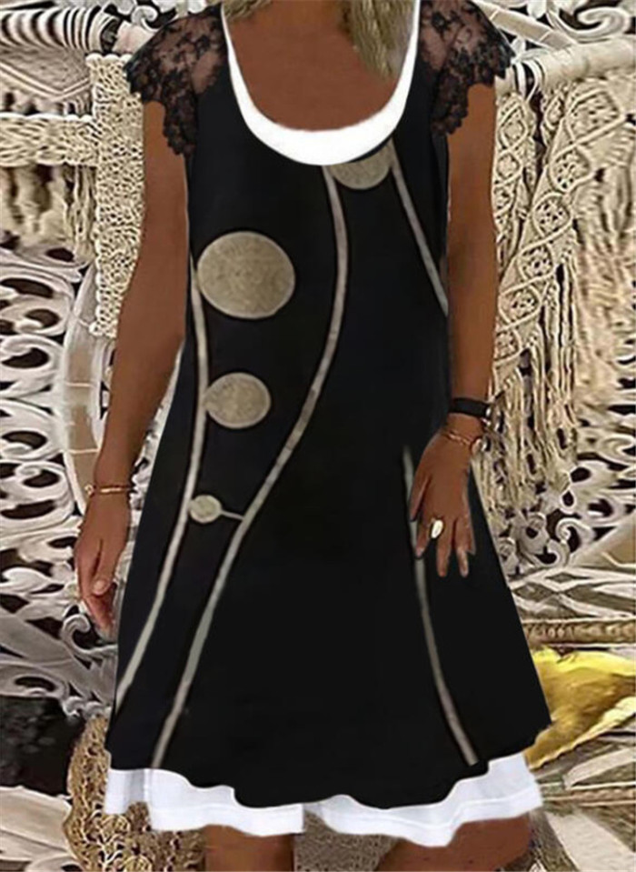 Fashion Sexy Lace Print Sleeveless O Neck Boho Casual Dress