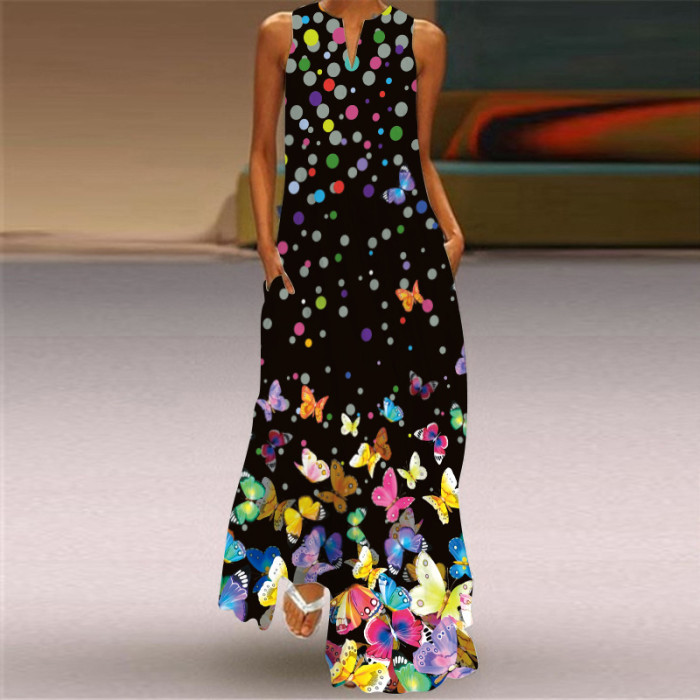 Fashion Long Printed Sleeveless Elegant V Neck Casual Wedding Guest Dresses