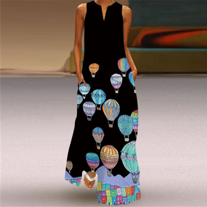 Fashion Long Printed Sleeveless Elegant V Neck Casual Wedding Guest Dresses