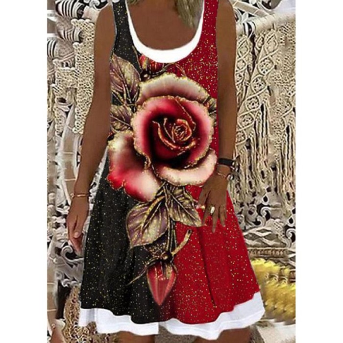 Fashion Floral Sleeveless Fake Two-piece Loose Casual Dress