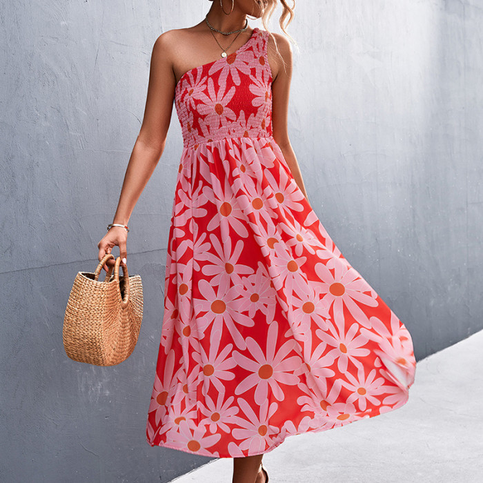 Sexy One Shoulder Floral Print Beach Sleeveless Elastic High Waist Boho Wedding Guest Dresses
