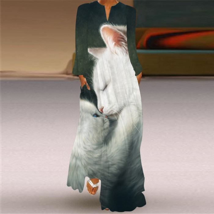 Vintage Print Fashion V Neck Long Sleeve Pocket Party Maxi Dress