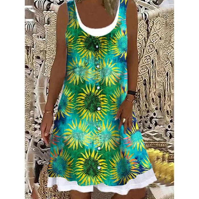 Fashion Floral Sleeveless Fake Two-piece Loose Casual Dress