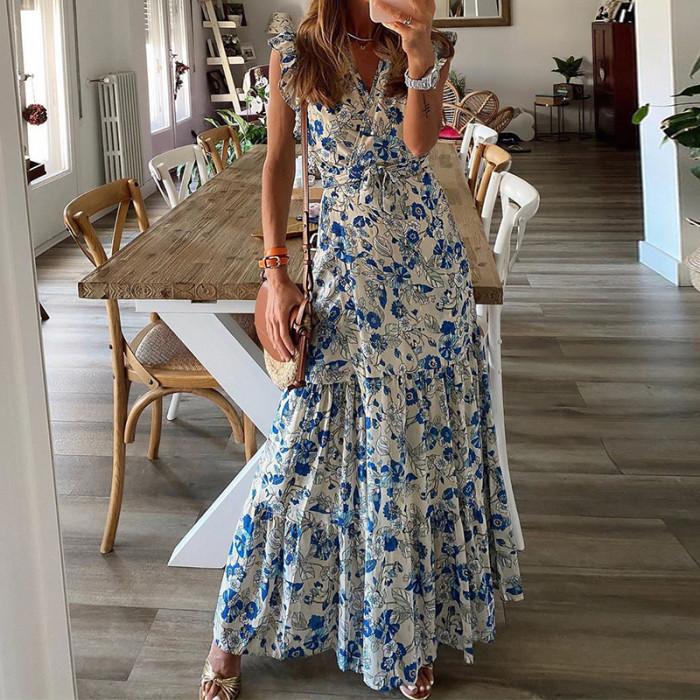 Sexy Women V Neck Party Vintage Print Boho Elegant Fashion Wedding Guest Dresses