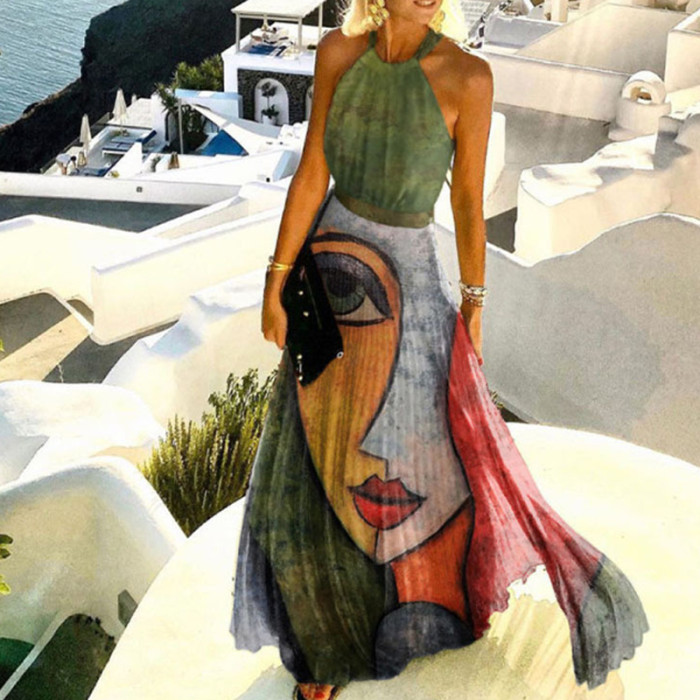 Vintage Print Loose Sexy Backless O-Neck Bohemian Fashion Elegant Wedding Guest Dresses