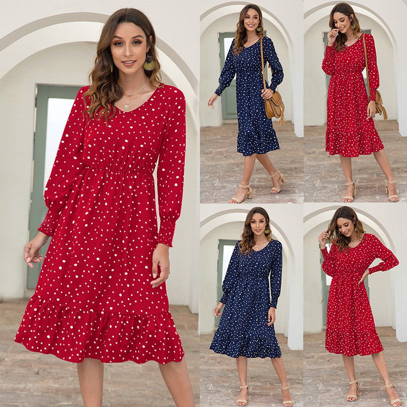 Polka Dot Print Casual V Neck Long Sleeve Fashion Bohemian Wedding Guest Dress