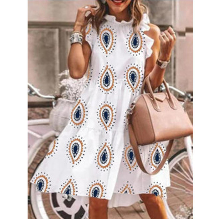 Elegant Ruffle Sleeveless Printed Party Asymmetric Loose Casual Dress