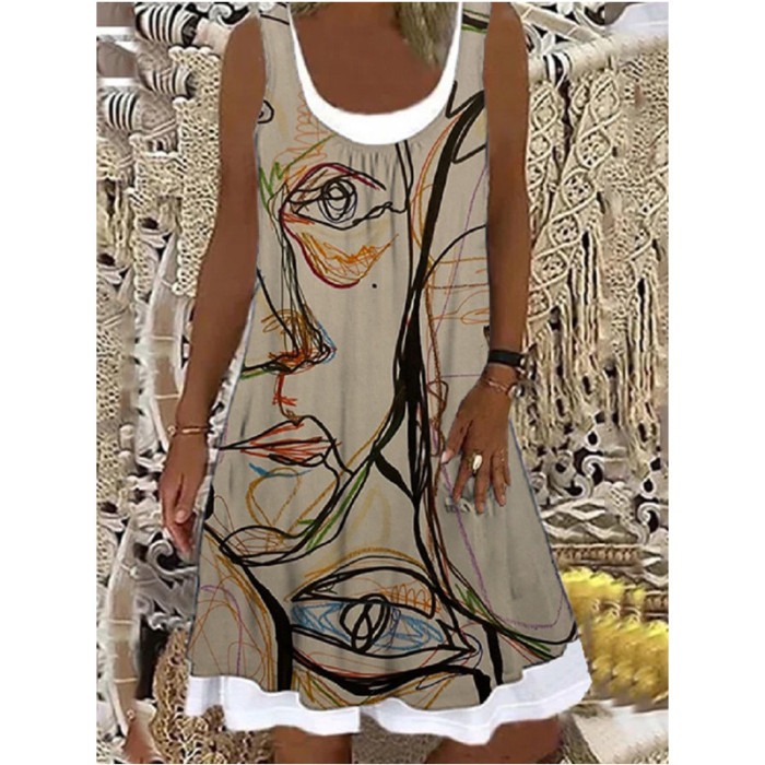 Fashion Sleeveless Print Loose Casual Beach Dress