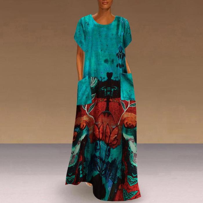 Fashion Elegant O Neck Boho Party Casual Vintage Print Maxi Dress