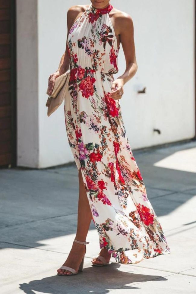 Vintage Print Loose Sexy Backless O-Neck Bohemian Fashion Elegant Wedding Guest Dresses