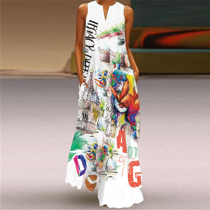 Fashion Long Printed Sleeveless Elegant V Neck Casual Wedding Guest Dresses