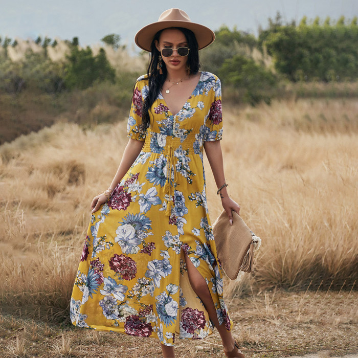 Sexy Floral Print V Neck Button Fitted Fringe Boho Wedding Guest Dresses