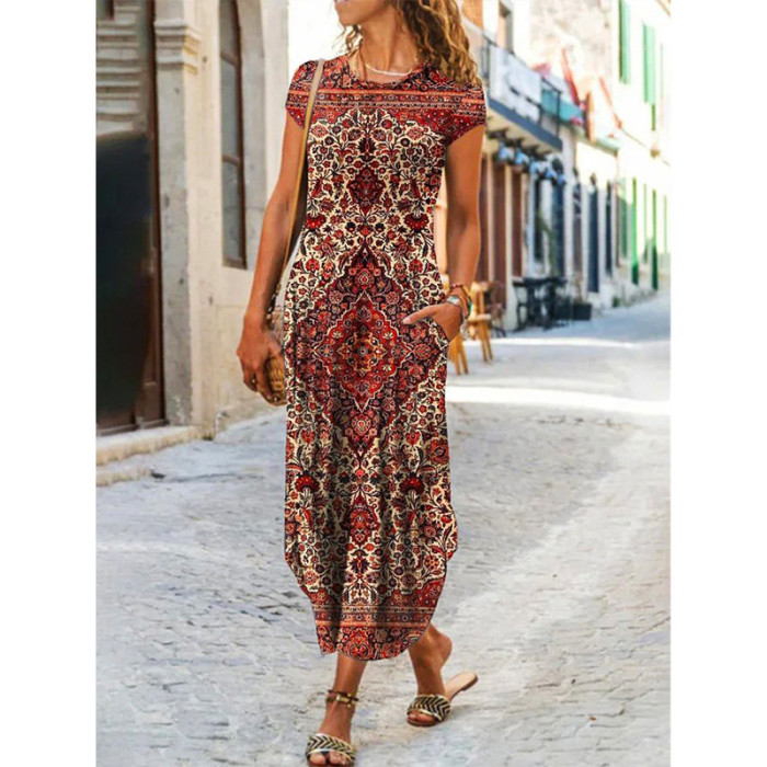 Slim Fit O-Neck Printed Bohemian Relaxed Linen  Maxi Dress