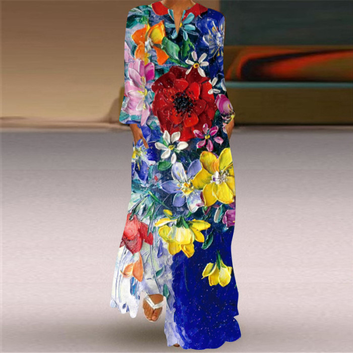 Vintage Print Fashion V Neck Long Sleeve Pocket Party Maxi Dress