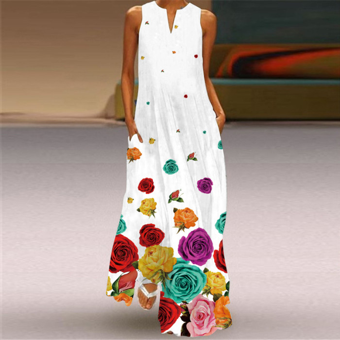 Ladies Casual Printed V Neck Holiday Beach Party Sleeveless A-Line Maxi Dress