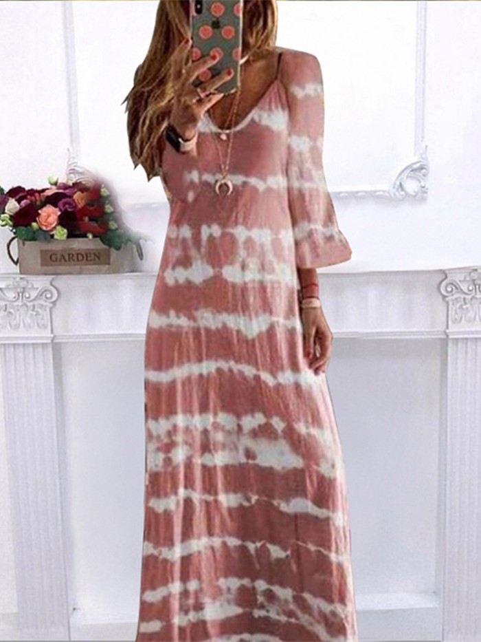 Fashionable V-neck Loose Casual Tie-Dye Printed Stripe  Maxi Dress