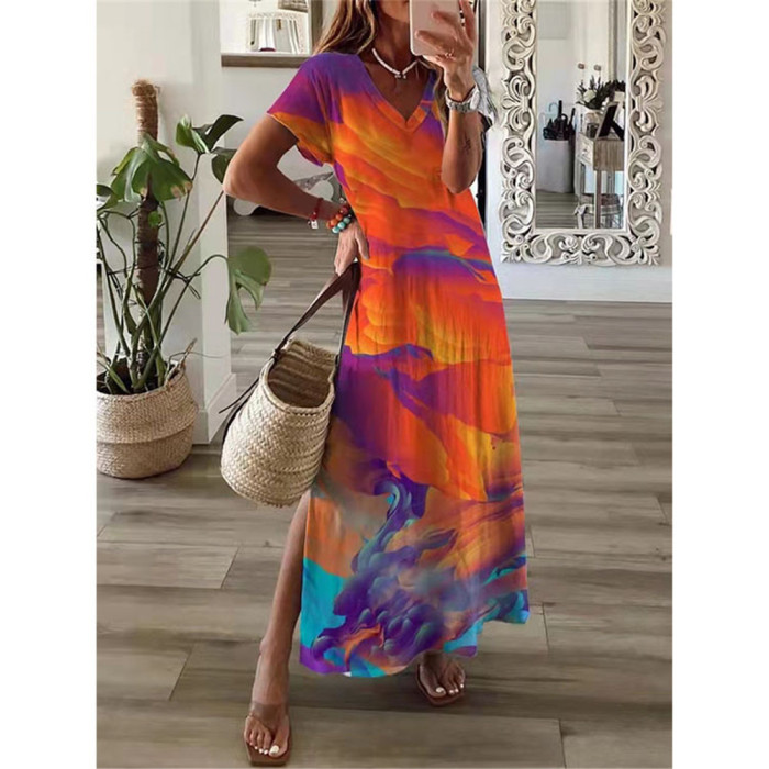 Fashion Floral Short Sleeve Elegant Party Loose Casual Maxi Dresses