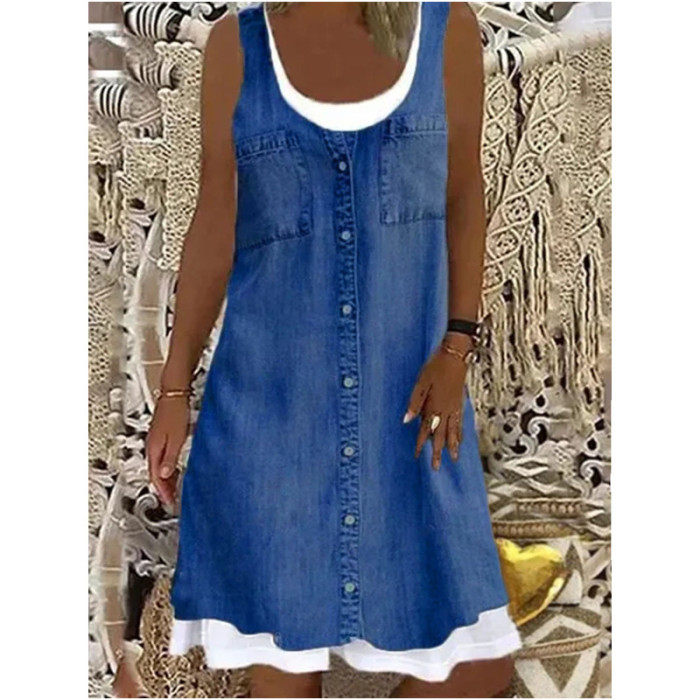 Fashion Butterfly Print Fake Two Piece Tank Top Bohemian Casual Dress