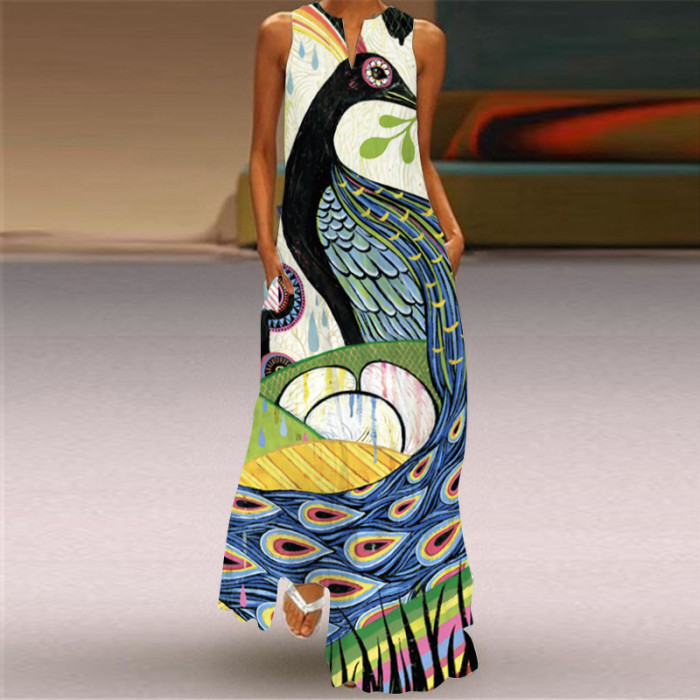 Ladies Casual Printed V Neck Holiday Beach Party Sleeveless A-Line Maxi Dress