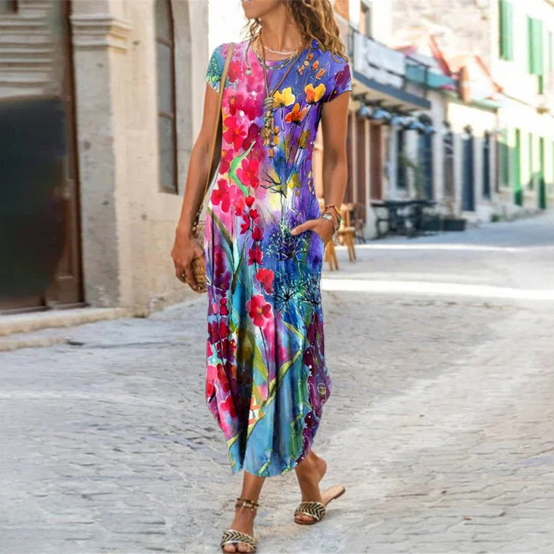 Fashion Floral Print Casual Short Sleeve Bohemian Retro Slim  Maxi Dress