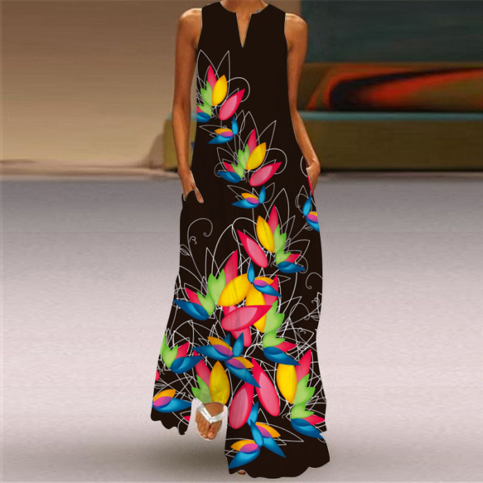 Fashion Long Printed Sleeveless Elegant V Neck Casual Wedding Guest Dresses