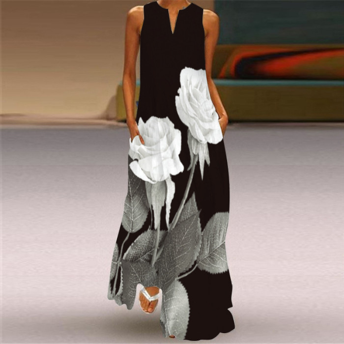 Fashion Long Printed Sleeveless Elegant V Neck Casual Wedding Guest Dresses
