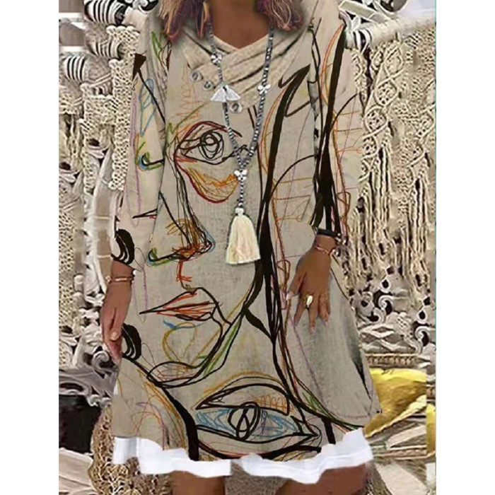 Trendy Bohemian Geometric Print Long Sleeves False Two Piece Casual Dress