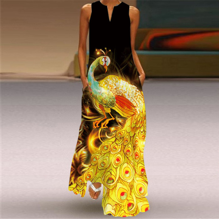 Trendy Sleeveless Print Beach Elegant V Neck Boho Party Wedding Guest Dresses